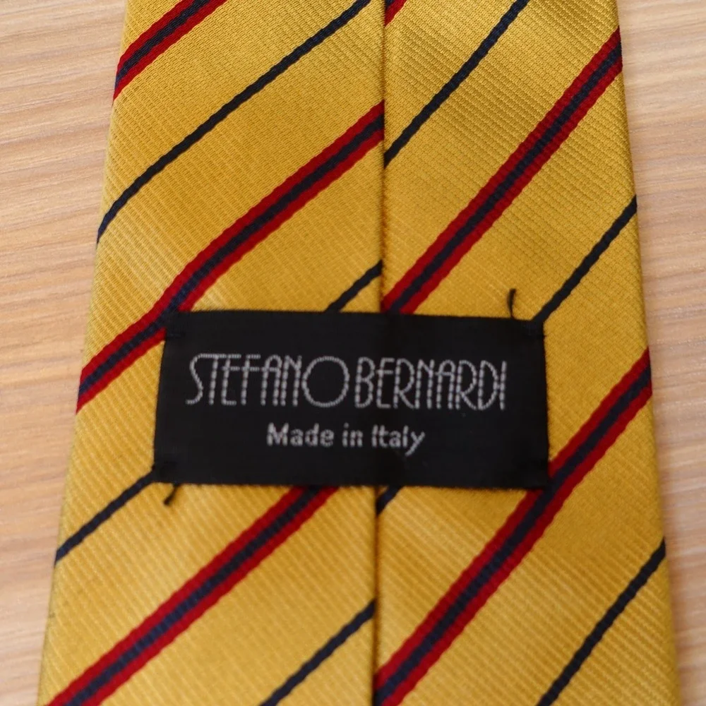 Gold Repp Stripe Neck Tie Mens Yellow STEFANO BERNARDI Regimental Silk Italian